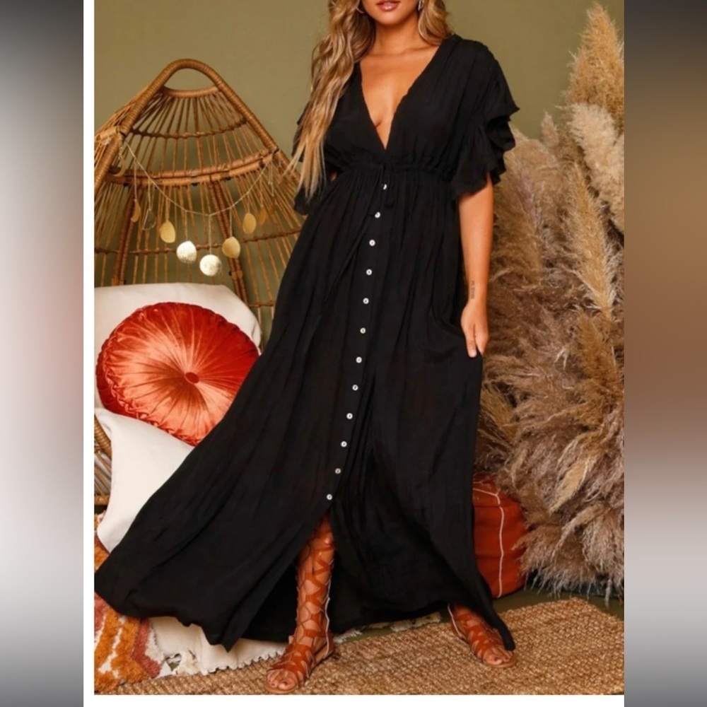 Nwot Peach Love Ca Sheer Gauzy Flutter Sleeve Boho style Black Maxi Dress Duster